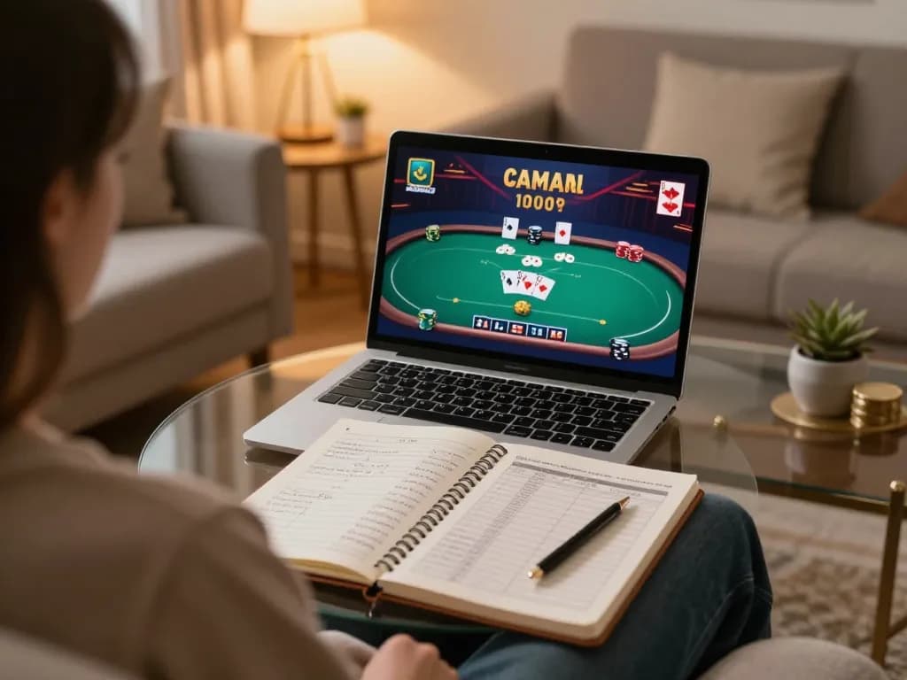 Engaging in online casinos Canada from a cozy home setup with poker game on screen.