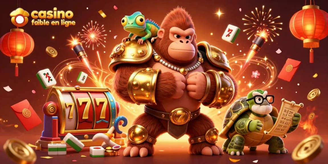 Illustration dynamique de personnages de casino fiable en ligne avec un gorille royal, un caméléon espion et une tortue sage.