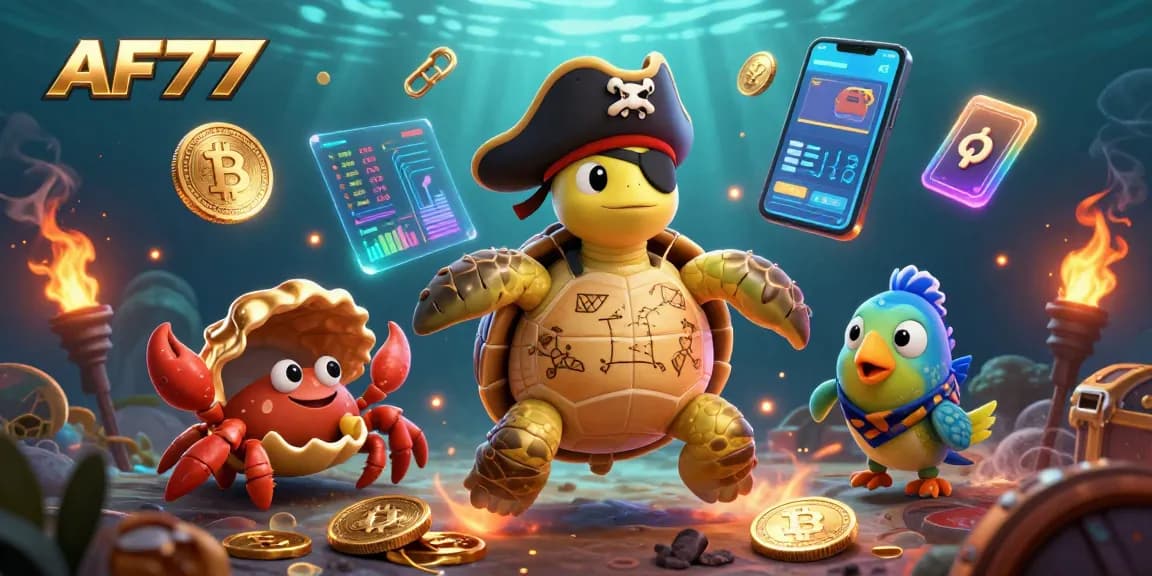 Join the excitement of AF77 with vibrant characters and crypto elements in a dynamic casino scene.