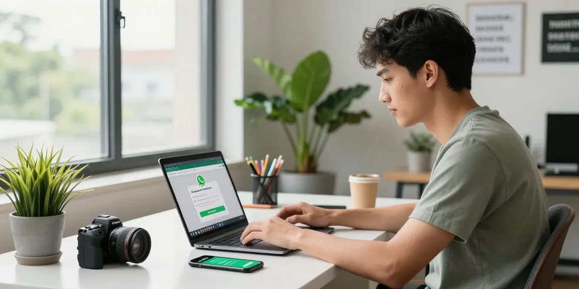 Young professional exploring WhatsApp下載 on their laptop in a bright, modern workspace.
