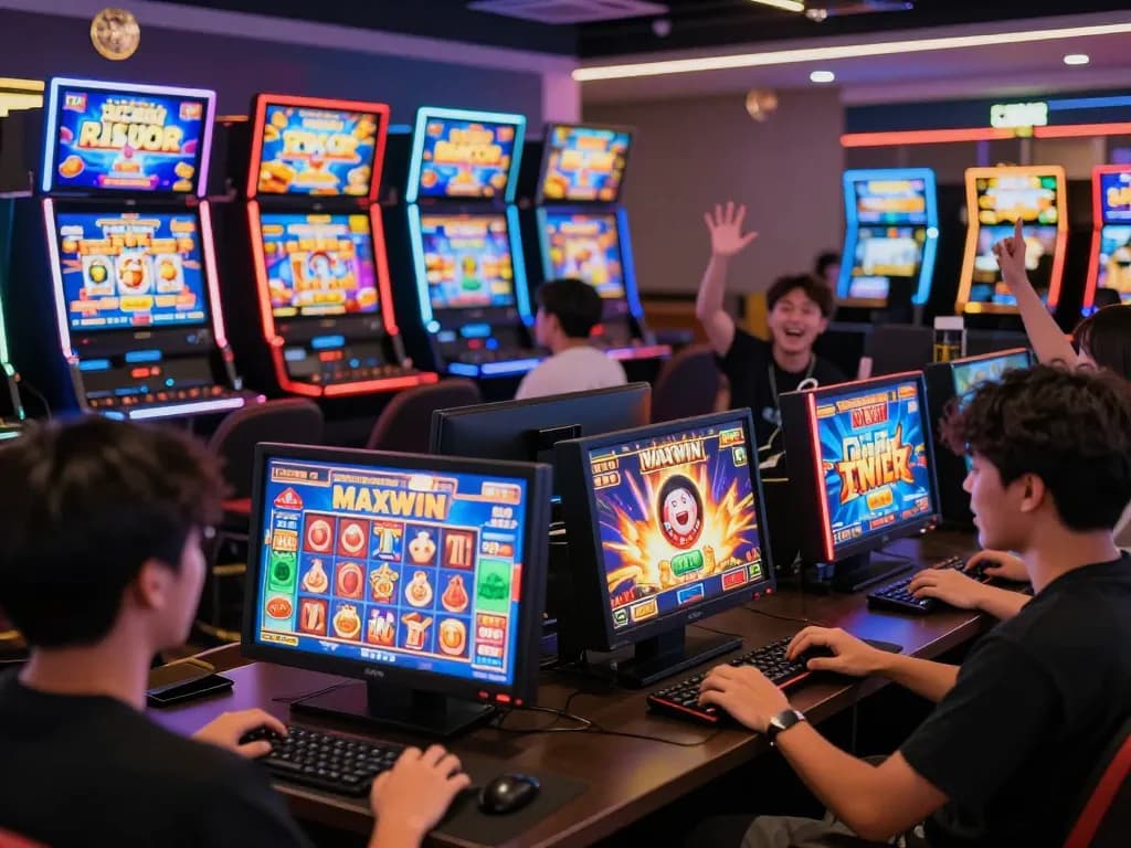 Players engaging with slot gacor games in an exciting modern gaming environment, celebrating wins and strategizing with friends.