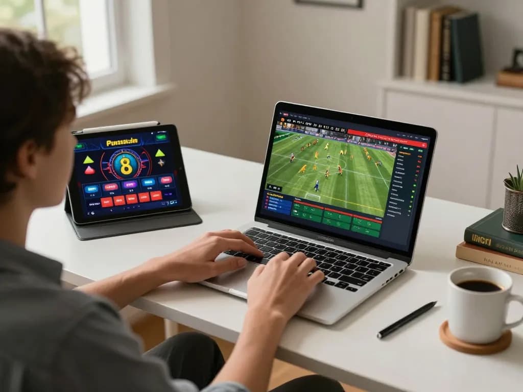 Engaging in online sports betting with a laptop, illustrating 包网 solutions in a modern workspace