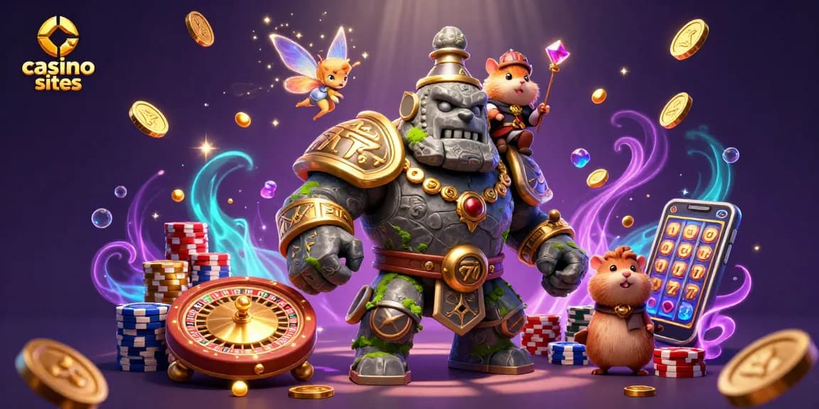Experience thrilling action at casino sites with a magical scene of a golem guardian, fairy, and hamster knight.