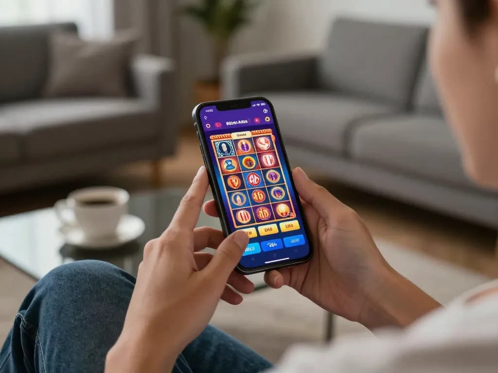 The app 98win shows vibrant gameplay on a smartphone while a player enjoys betting in a cozy living room