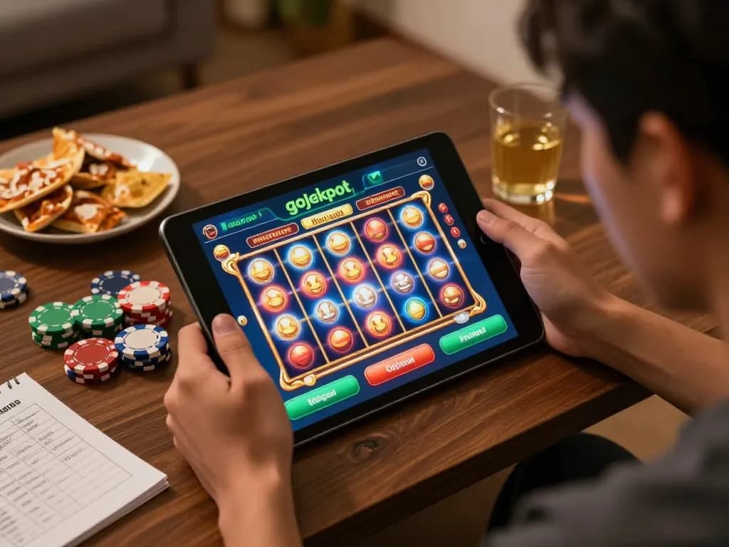 Engaged player spins gojekpot online slots on tablet in cozy home setup with snacks.