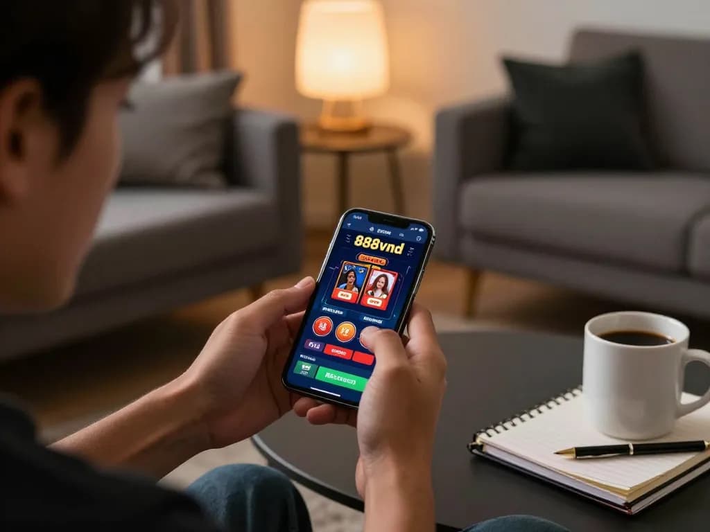 Experience the thrill of 888vnd casino gaming on a smartphone in a cozy setting.