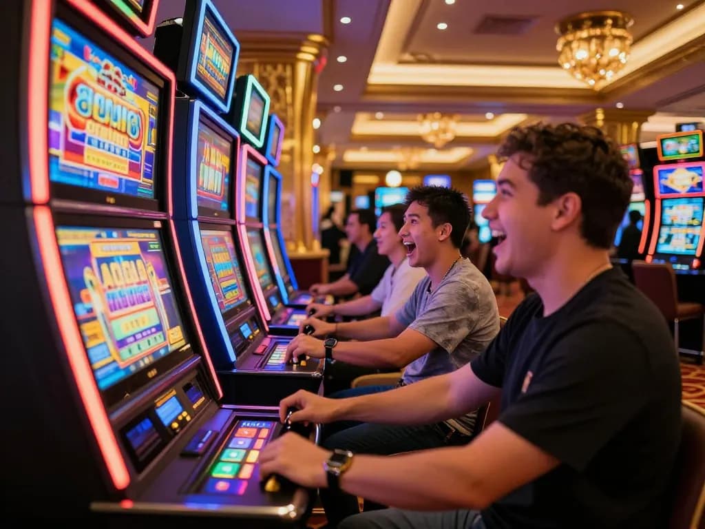 Engaging moment at a slot machine, showcasing slot depo 1000 excitement and vibrant casino atmosphere.