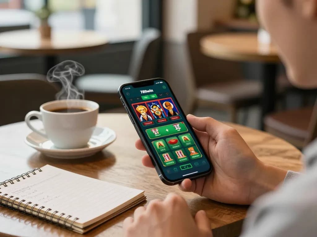 Engaging with the app 789win on a smartphone at a coffee shop, showcasing online gaming excitement.