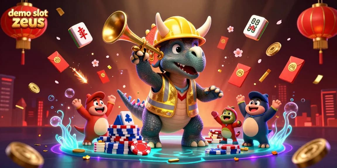 Engage with demo slot zeus in a celebration with a triceratops building poker chips, full of vibrant casino elements.