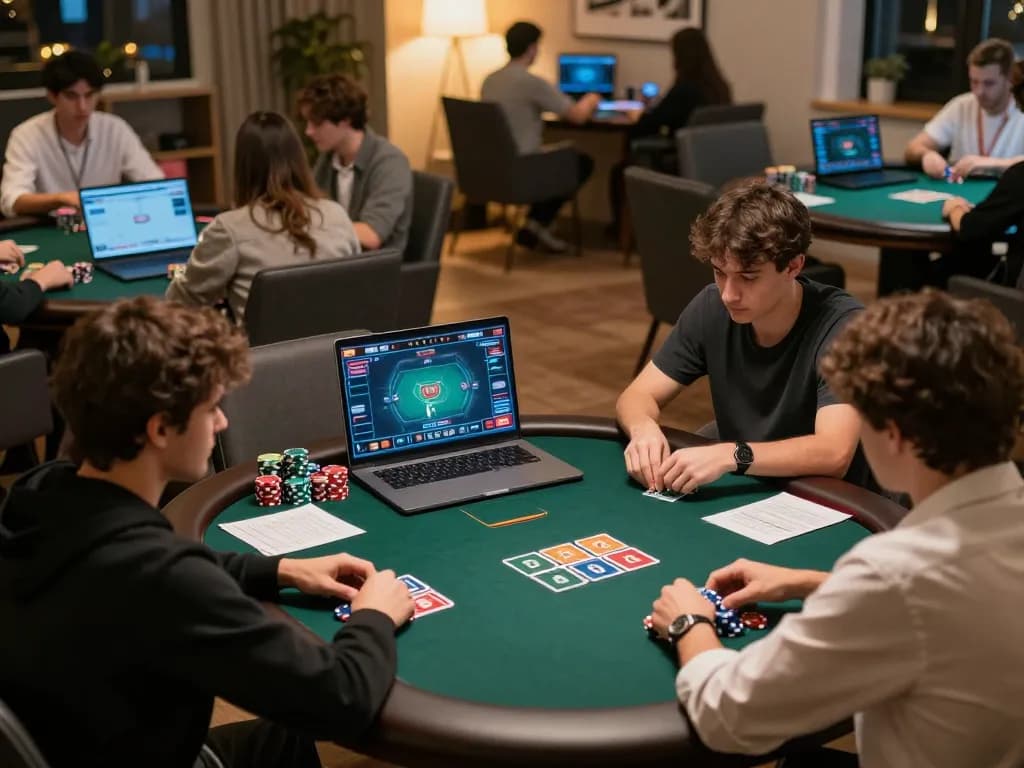 Pemain Bintangmpo terlibat dalam permainan poker online, menunjukkan permainan yang strategis di suasana rumah yang nyaman.