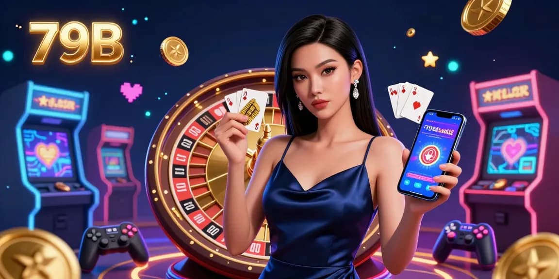 Experience thrilling gameplay with 79B's vibrant casino atmosphere featuring a confident woman, roulette wheel, and casino app.