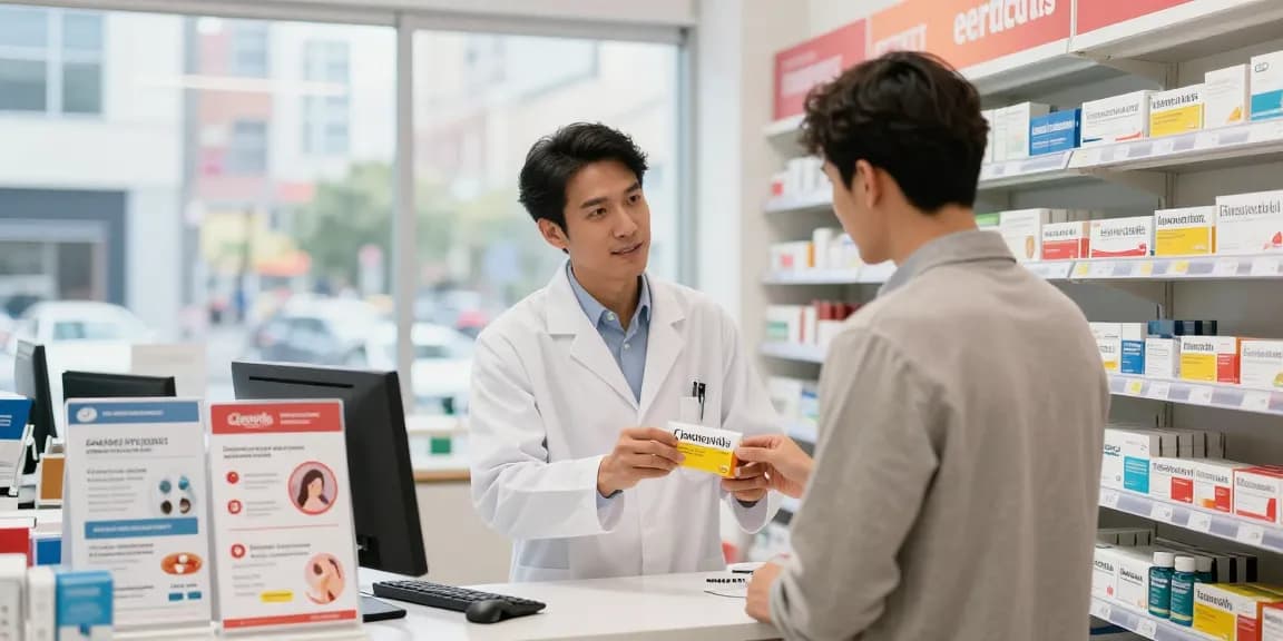 Customer discussing Levitra options with a pharmacist in a bright, inviting drugstore setting.