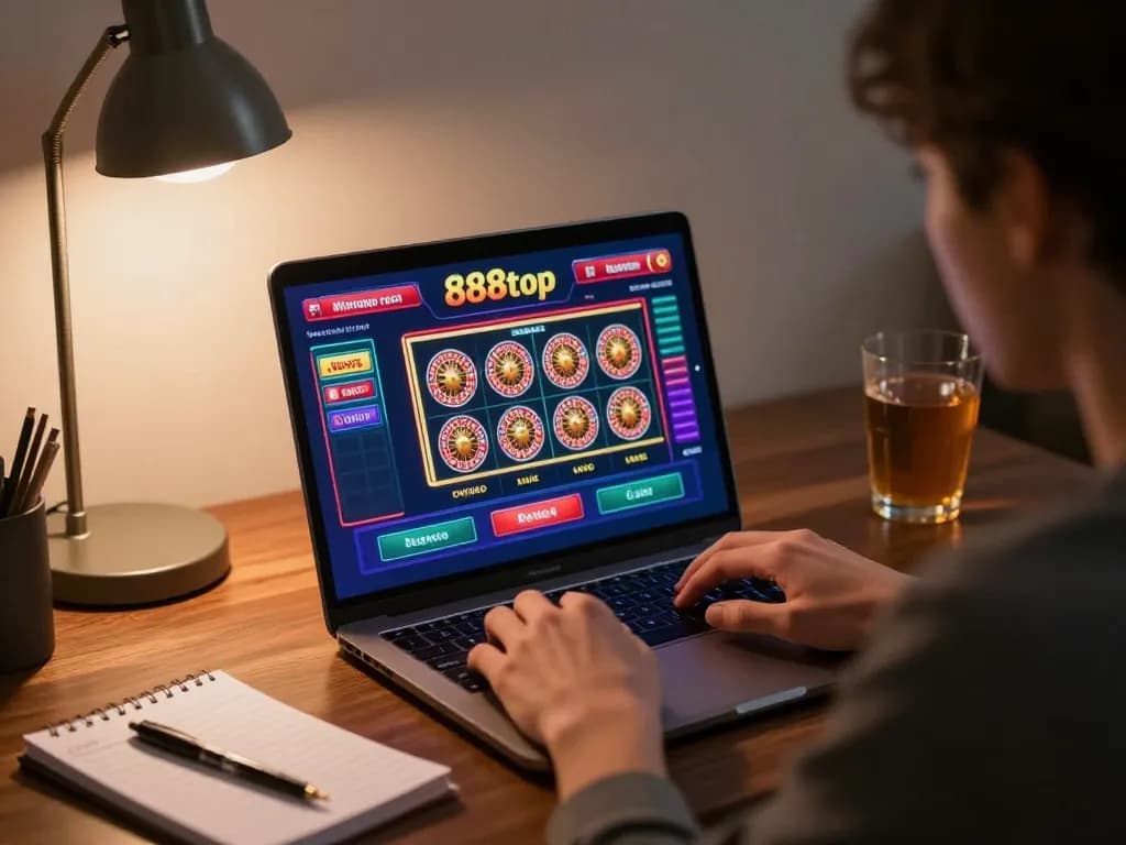 Engaging home gaming scene on 888top com with user focused on online casino gameplay.