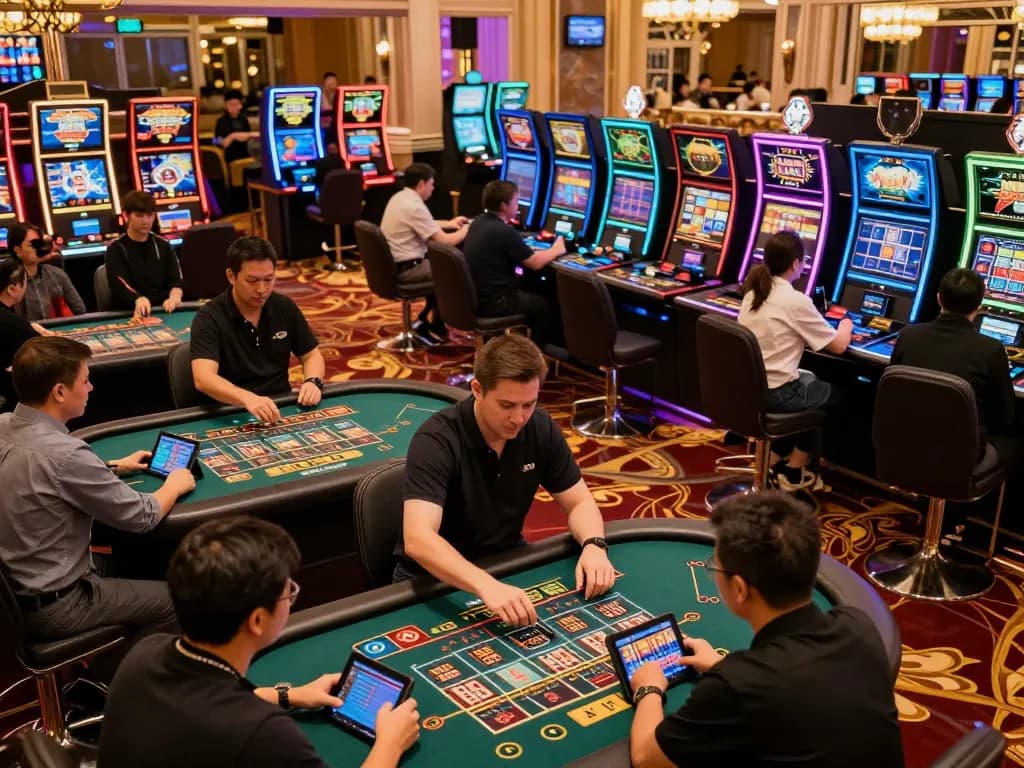Paito macau strategy session with enthusiastic players engaged in online gambling at a casino venue.