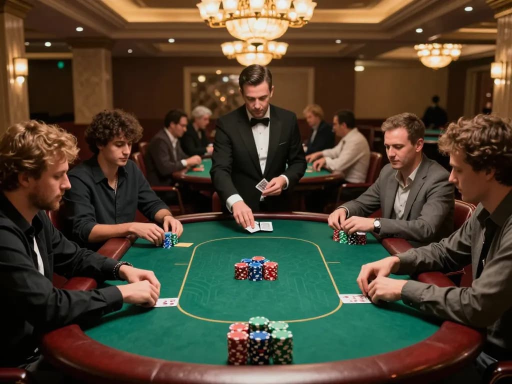 A lively poker game at an upscale casino highlights casino action with players engaged in strategic bets, featuring 789win777.