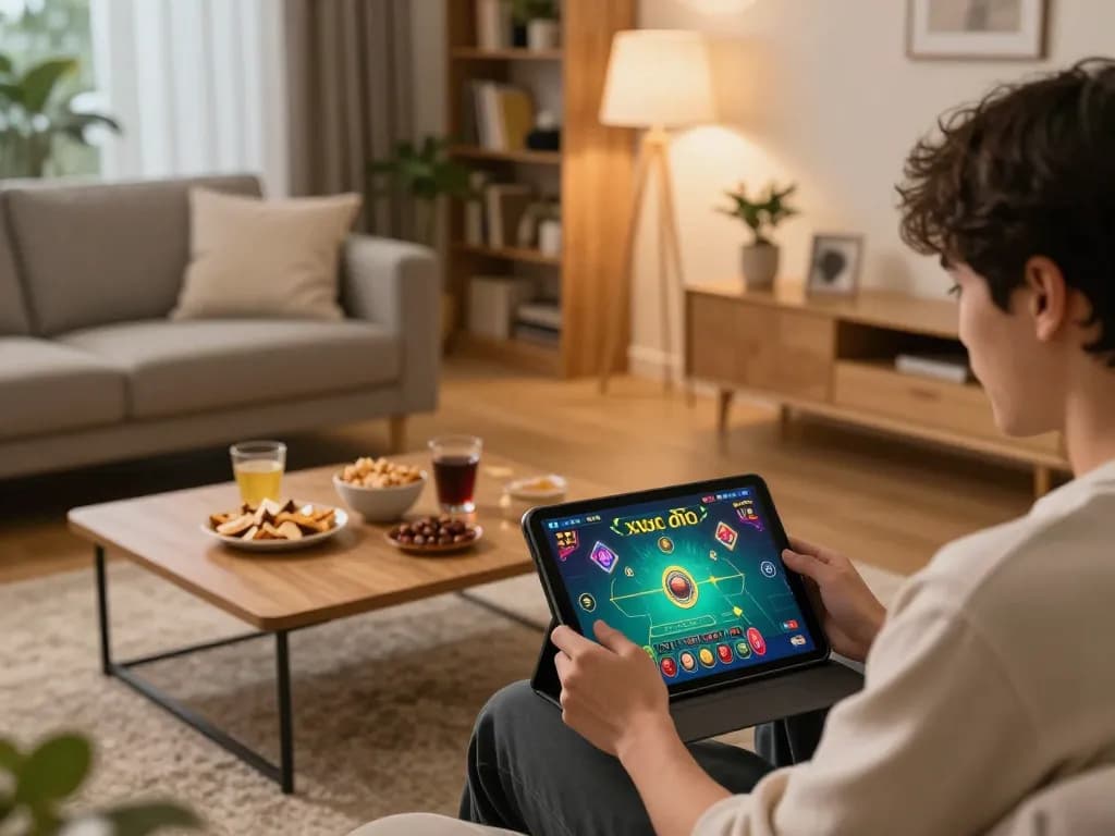 xóc đĩa online gaming experience in a cozy living room with a player enjoying the game interface