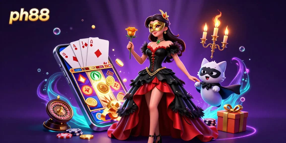 Play exciting games at ph88 with vibrant visuals and rich casino elements in this 3D illustration.