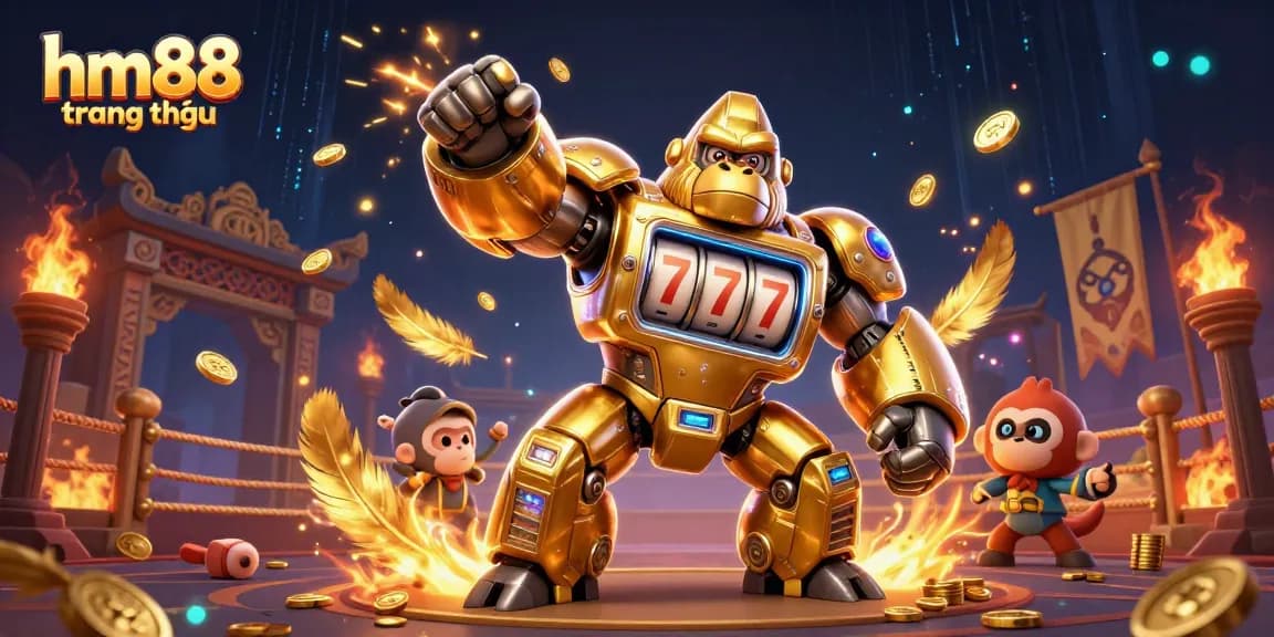 Experience the excitement at hm88 trang chủ with dynamic casino gaming elements featuring a golden gorilla mech.