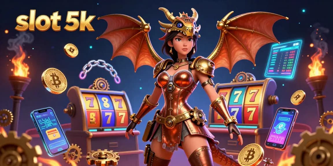 Spin the reels with slot 5k in a vibrant casino setting featuring a steampunk woman and dynamic slot elements.