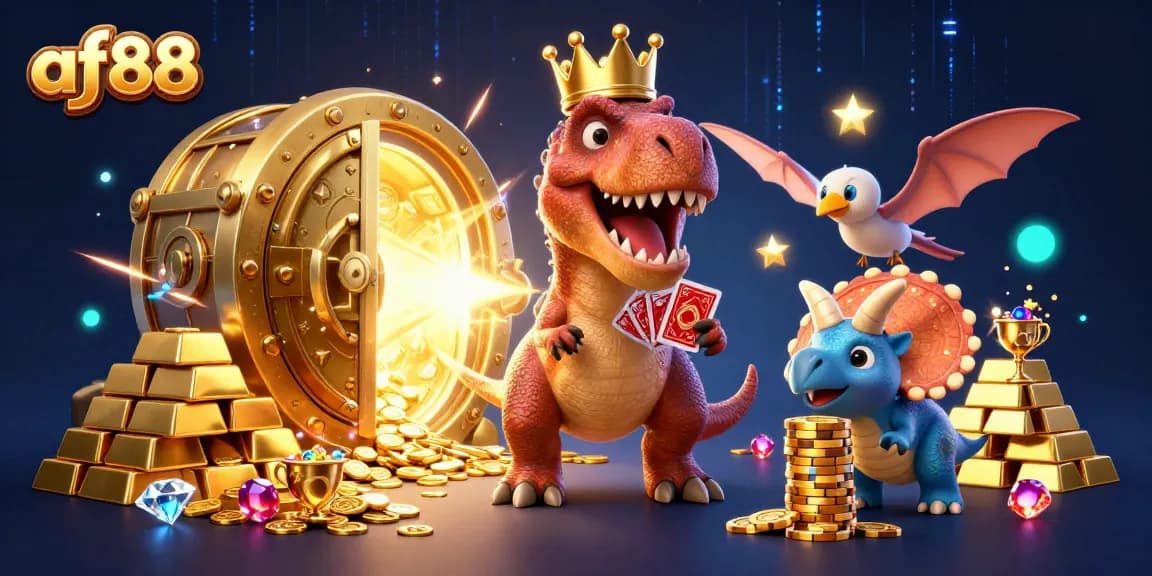 af88 engages players in an exciting casino scene with dinosaurs shuffling cards and stacking chips.
