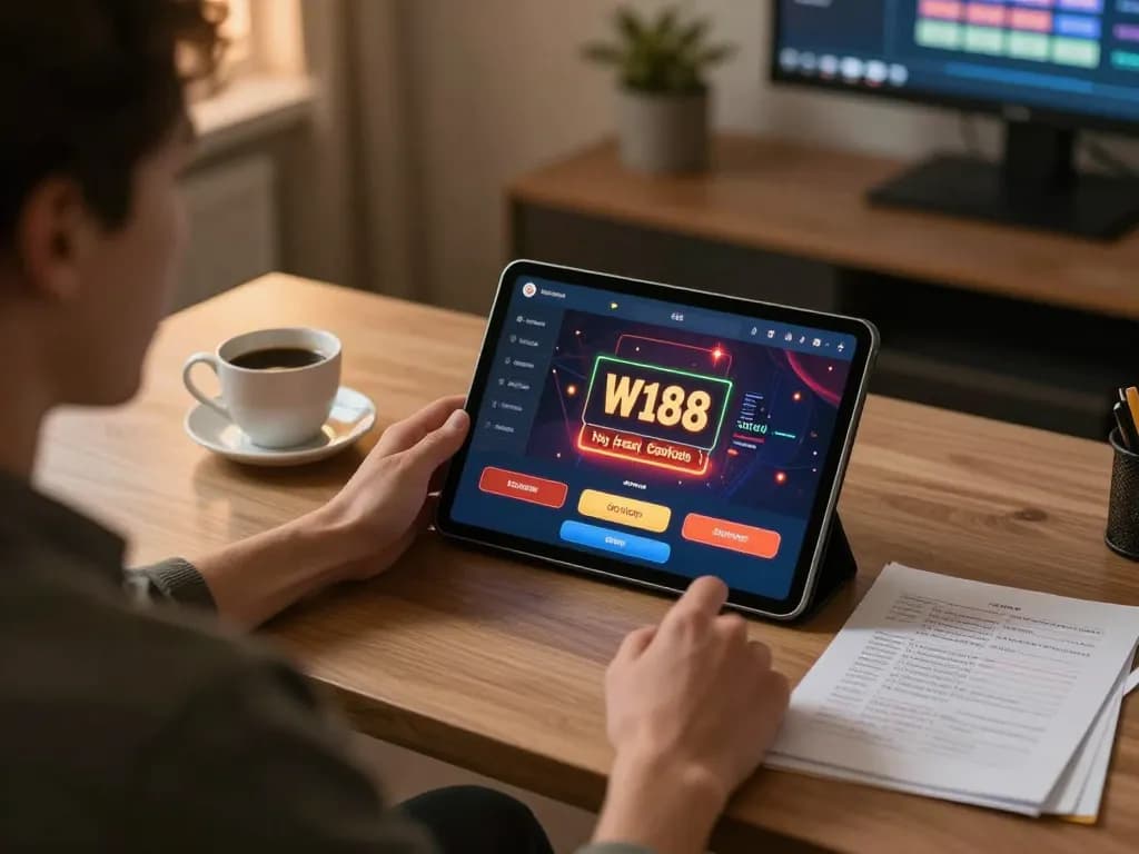 Engaging scene with player using W188 casino app on tablet in a cozy home office setting.