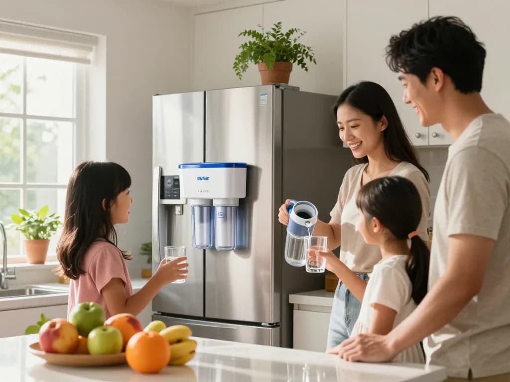 Family enjoying fresh water from the Waterdrop RPWF Refrigerator Water Filter (NOT RPWFE) in a well-lit kitchen.