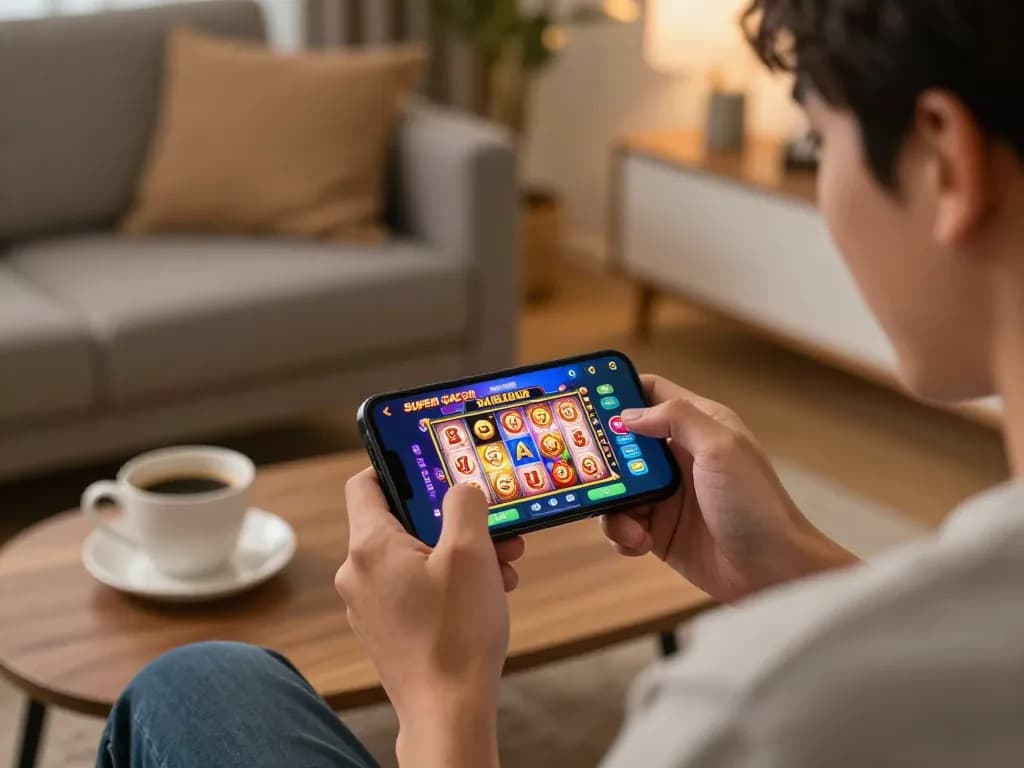 Bermain di aplikasi slot server thailand super gacor sambil bersantai di rumah dengan smartphone.