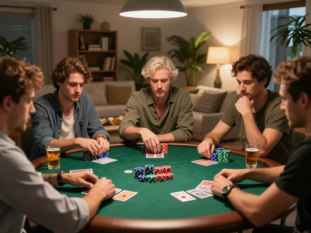 Players enjoying a poker night at home while using 888top com for online betting strategies.