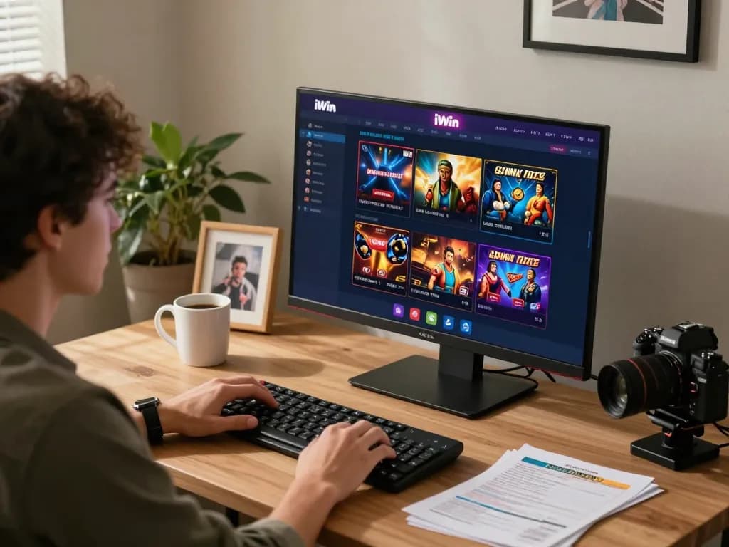 Engaged player accessing iWin online casino at a stylish desk with gaming and strategy notes.