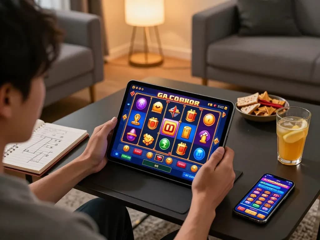 Player celebrating a win on slot gacor during a cozy home gaming session with snacks and tablet.