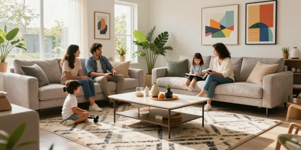 Cozy living room showcasing modern furniture and family interaction, featuring depo 5k styled elements and natural light.