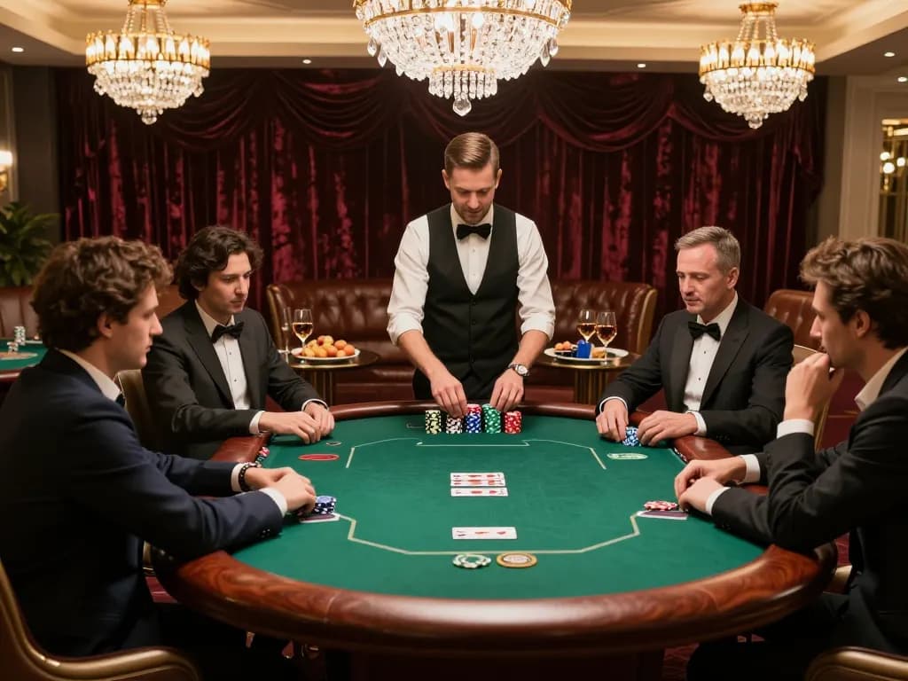 3win com engaging in high-stakes poker game at a VIP casino table with elegant decor and sophisticated lighting