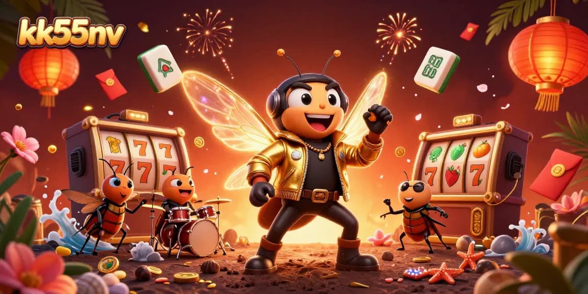 Join the exciting kk55nv casino experience with a vibrant 3D rock star illustration.