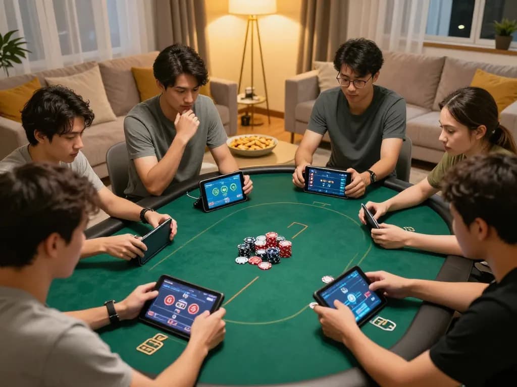 Các người chơi Luckywin tận hưởng một trò chơi poker trực tuyến trong không gian ấm cúng tại nhà với đồ ăn nhẹ và thảo luận chiến lược.