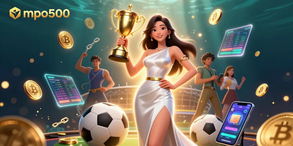Exciting mpo500 gaming scene showcasing a victorious woman with a trophy amidst dynamic betting elements and cryptocurrency motifs.