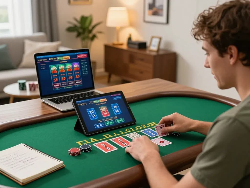 Player enjoying a live dealer blackjack game on RR88 from a cozy home setting with strategic notes.