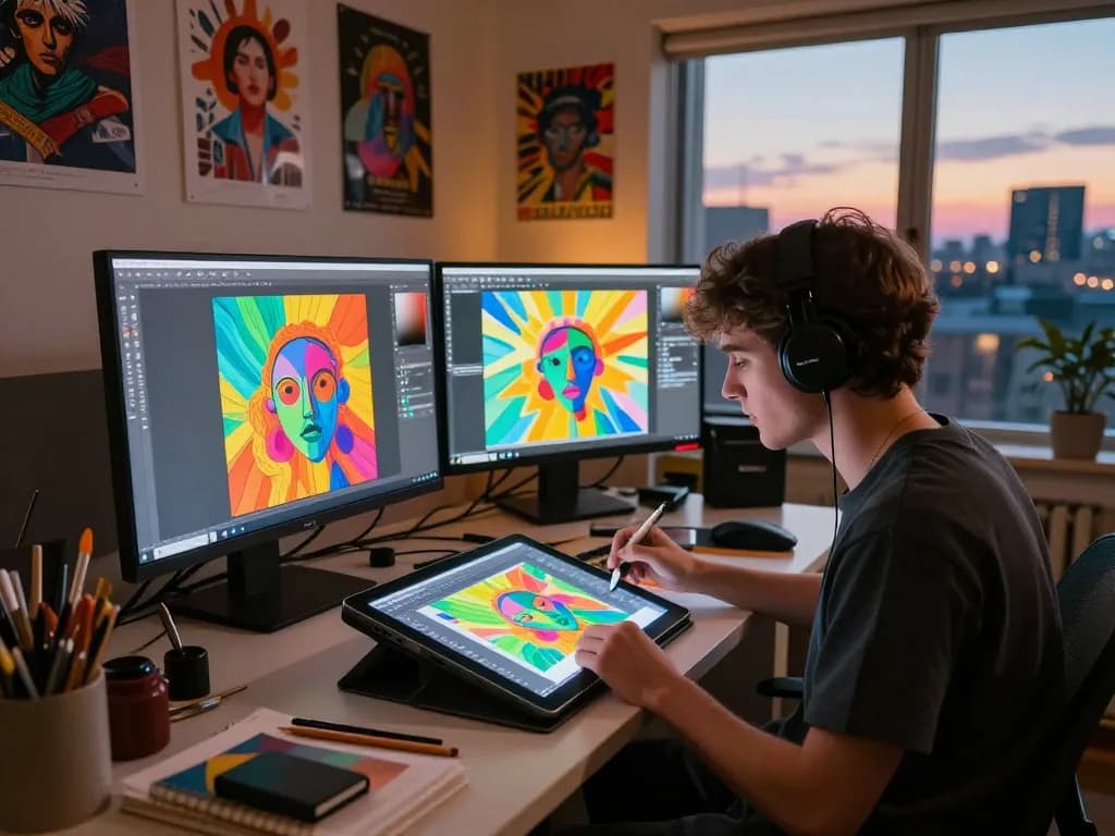 NSFW AI artist creating innovative digital artwork in a vibrant studio.