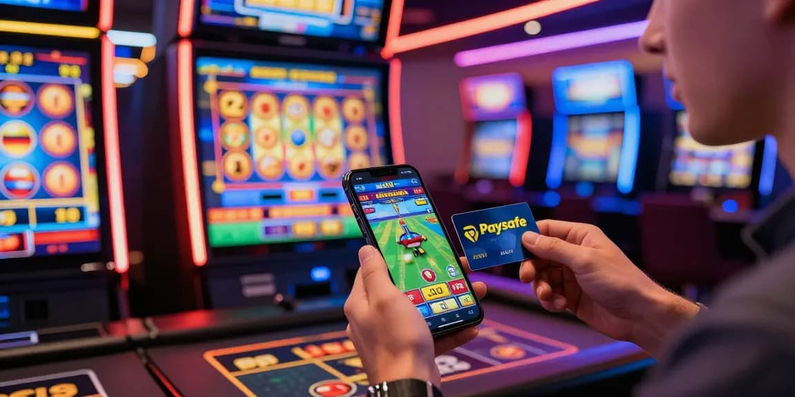 Aufgeregter Spieler in einem Paysafe Card Casino, der sich mit mobilem Gaming beschäftigt, lebhaften Spielautomaten und Jackpot-Benachrichtigungen im Hintergrund.