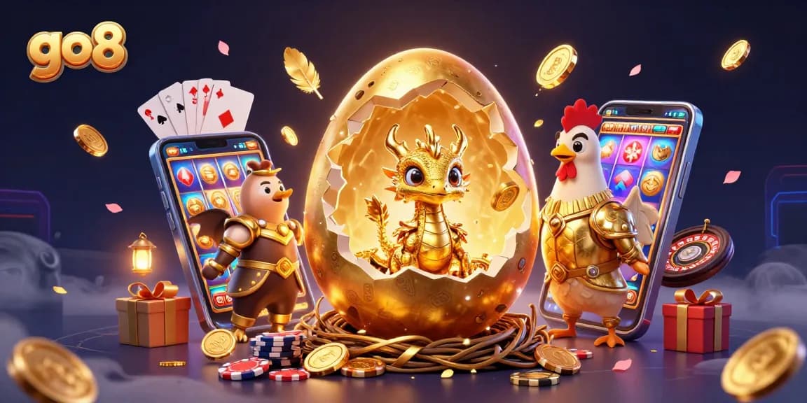 Engage with the excitement of go8 as a golden dragon emerges from a colossal egg amidst vibrant casino elements.
