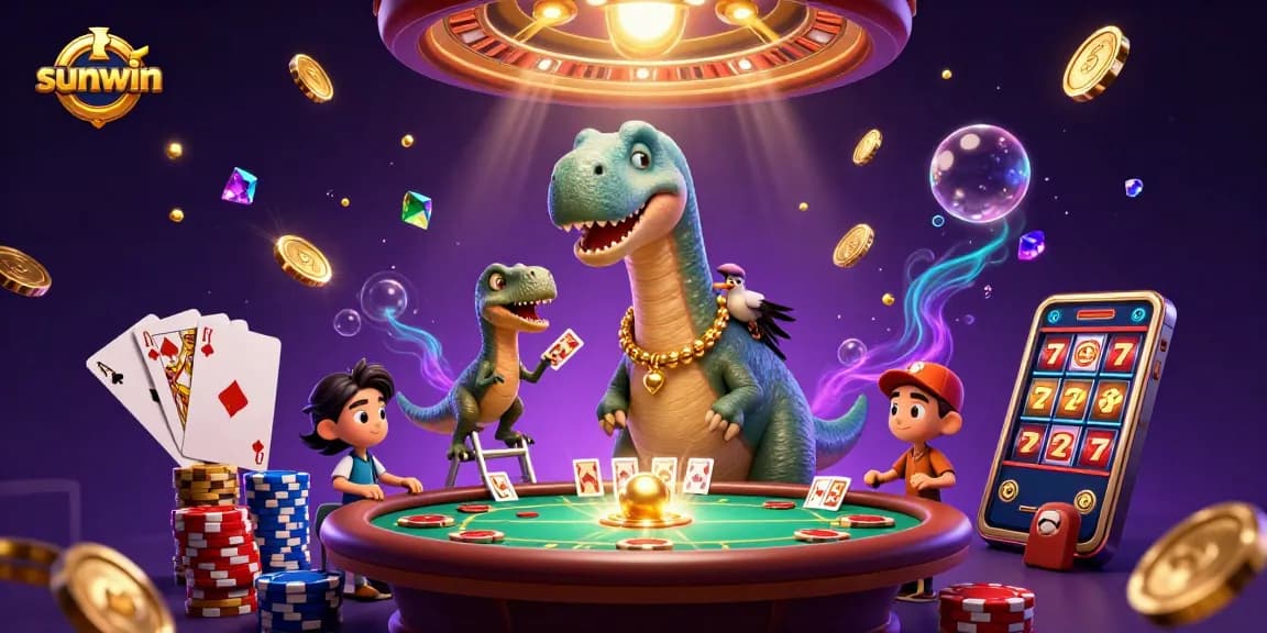 Experience the thrill with sunwin as a towering brontosaurus overlooks a dynamic casino scene.
