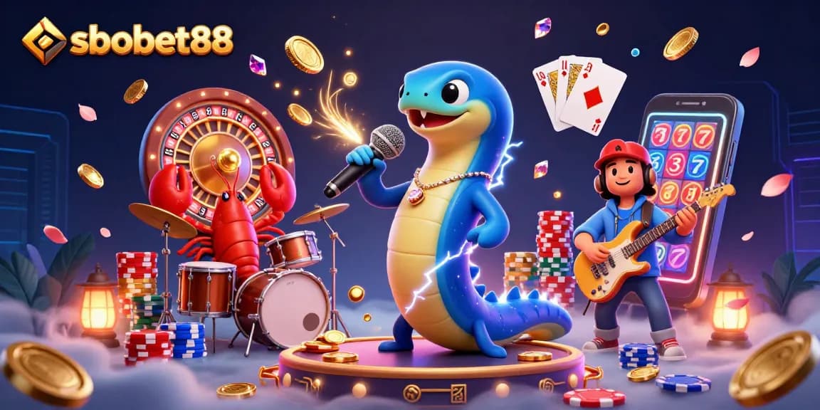 Experience sbobet88's excitement with a vibrant underwater casino scene featuring a DJ eel and a dynamic band.