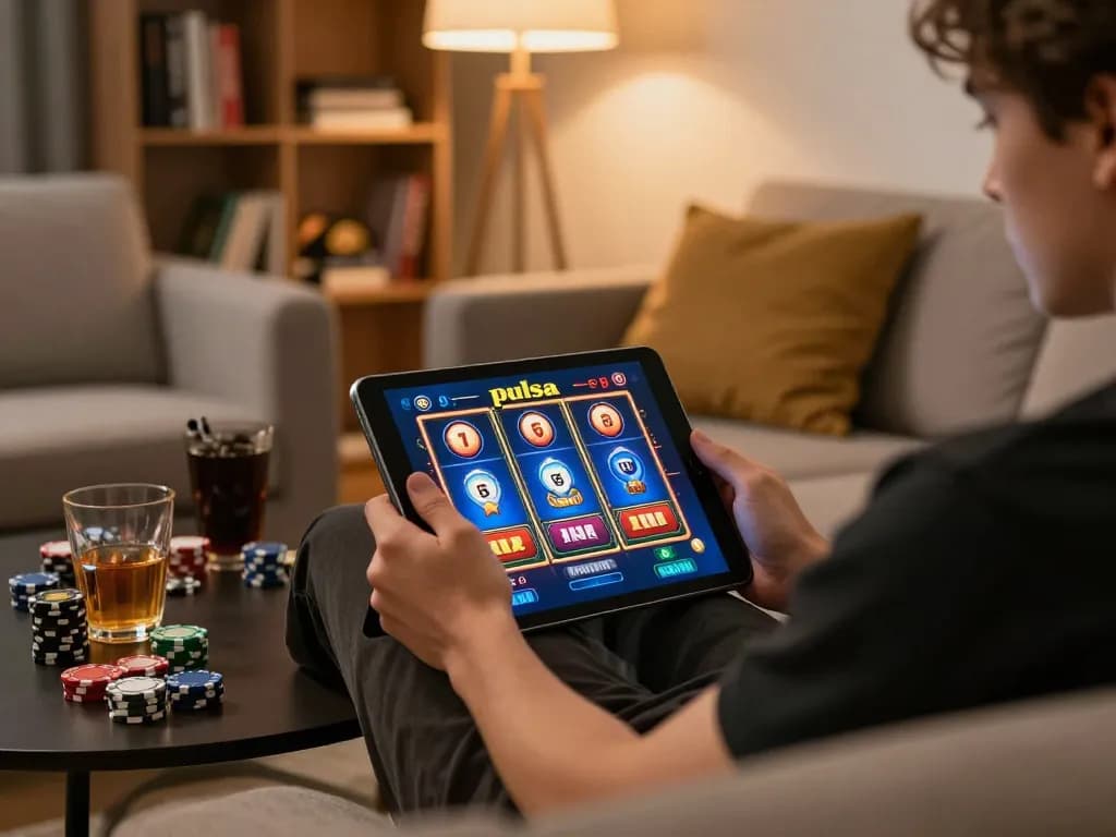 Engaging with a slot pulsa game on a tablet in a cozy home gaming setup.
