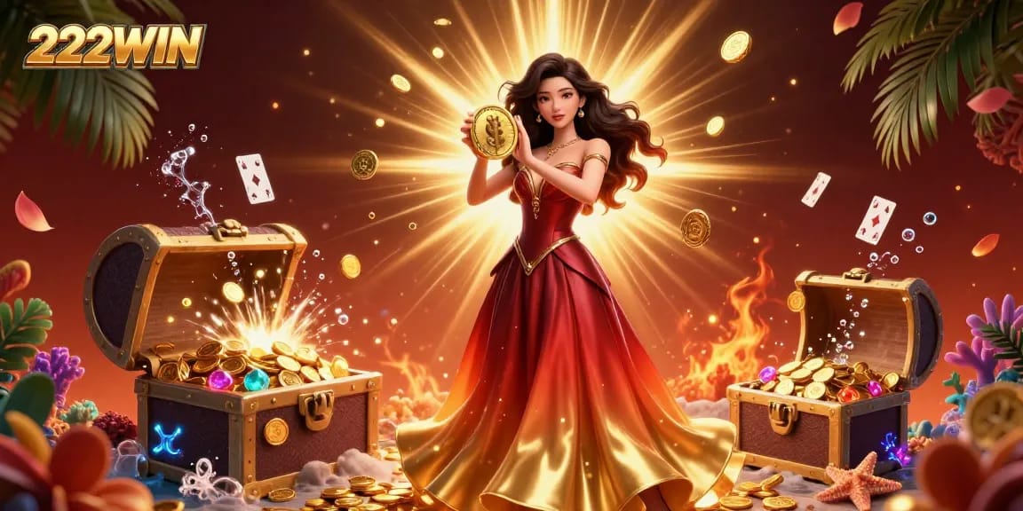 Join 222WIN for a vibrant online casino experience, showcasing a stunning Asian woman celebrating her wins with gold coins.