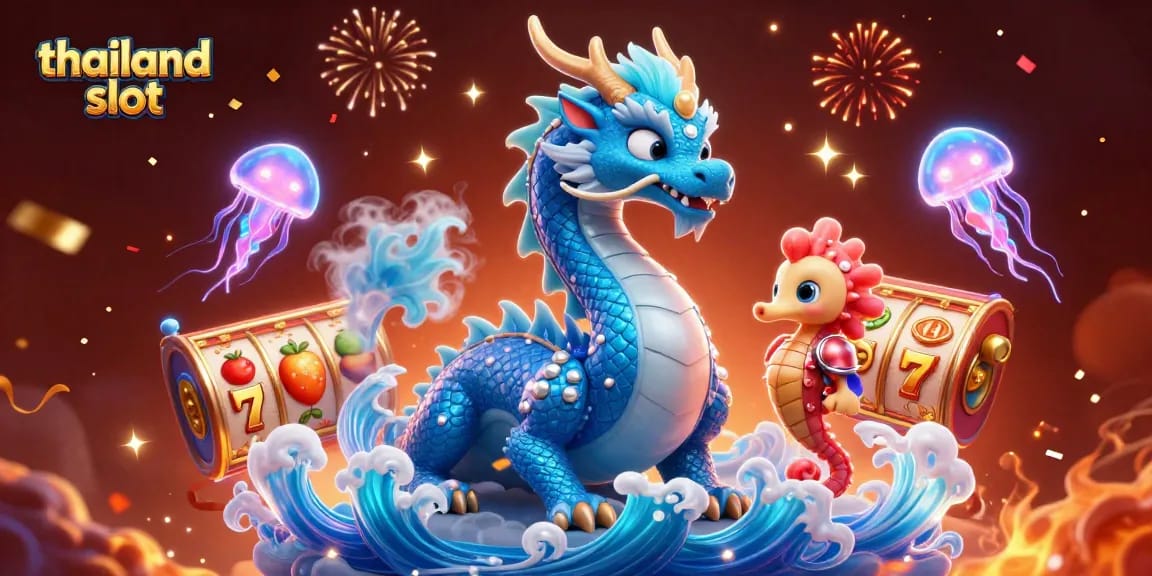 Spin the thailand slot with the azure dragon and seahorse in a vibrant casino scene