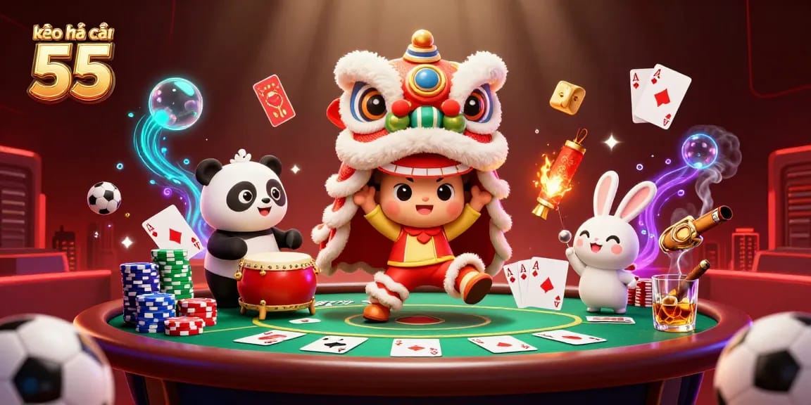 Engage with kèo nhà cái 55 through lively, animated characters showcasing a vibrant gambling scene.