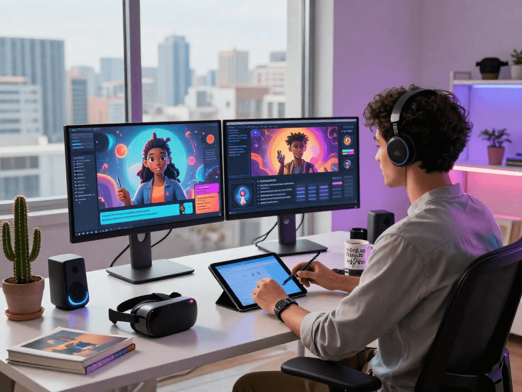 Engaging character AI nsfw scene with user at a modern digital workspace, futuristic dual monitors and tech gadgets.