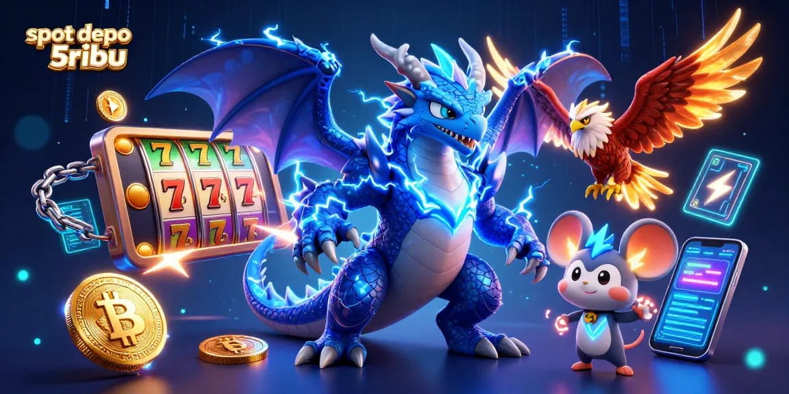 Spin the reels with slot depo 5ribu, featuring vibrant 3D characters and casino symbols.