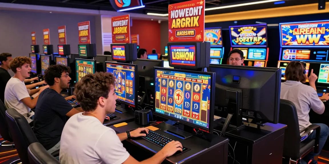 Excited players enjoying various slot games in a modern online casino environment.