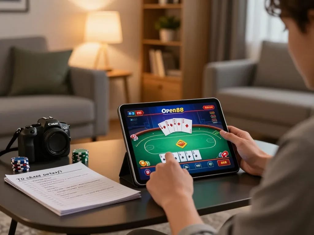 Experience online gaming with Open88, showcasing a player actively engaged in a poker game on a tablet.