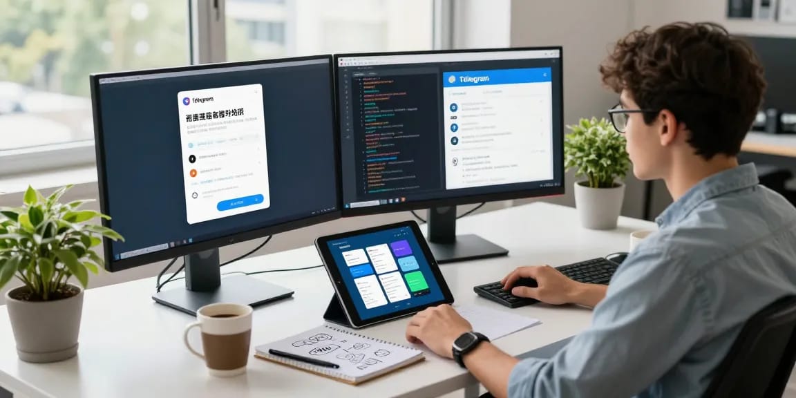 Telegram messaging app development scene at 纸飞机中文版官网 workspace with code and design elements.